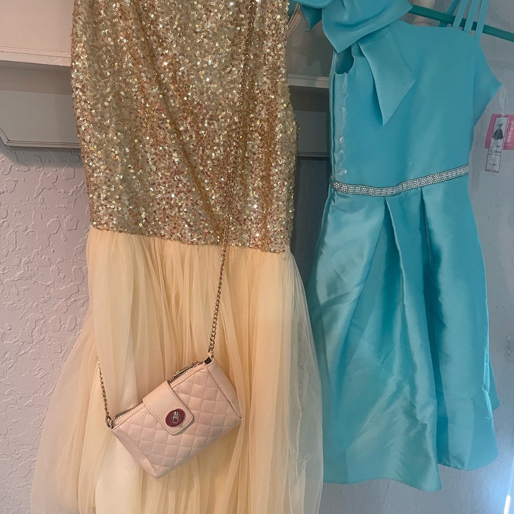 Gold Sequin and Blue Satin Dresses with Cream Purse